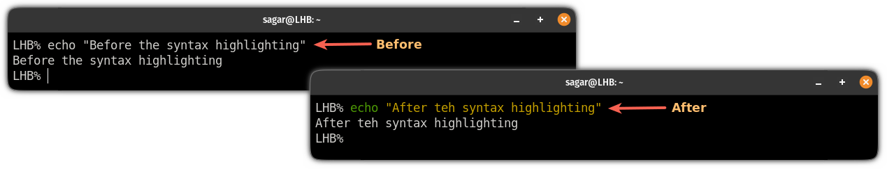 before and after results of enabling syntax highlighting on ZSH