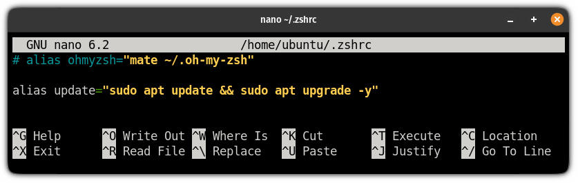 create alias for auto update and upgrade on zsh