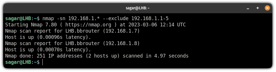 exclude multiple IPs while ping sweeping with the nmap command on linux