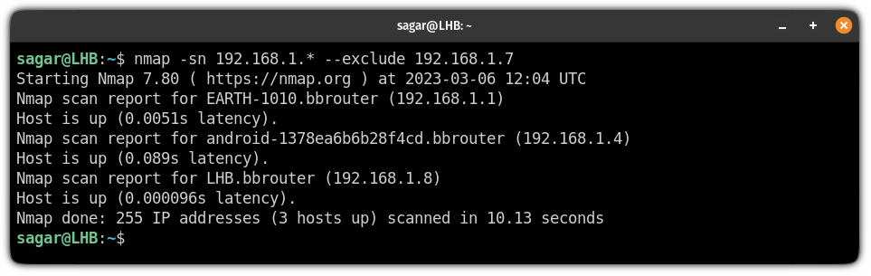 exclude specific IP while ping swpeeing using the nmap command on linux