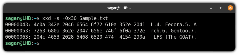 get hex dump of the last n lines using the xxd command in linux