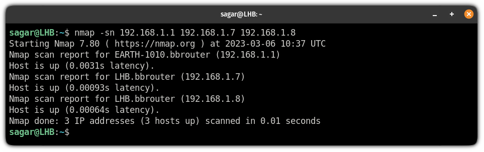 ping sweep multiple IPs with the nmap command on linux