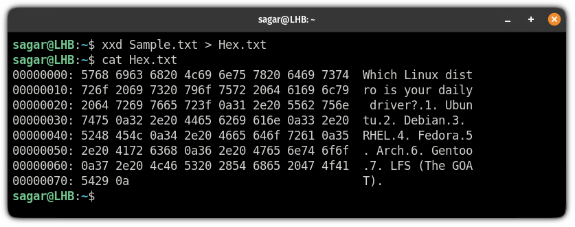 save hext dump to the text file in linux