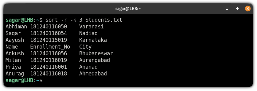 sort by column in reverse in bash