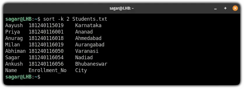 sort column in bash