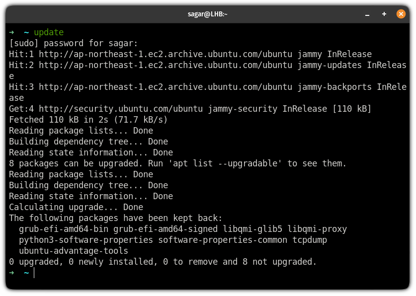 use alias to update and upgrade packages on zsh