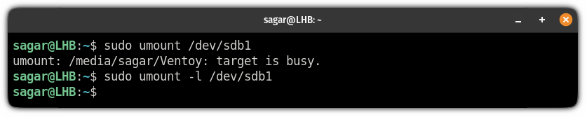 using the lazy unmount to solve the target is busy in linux