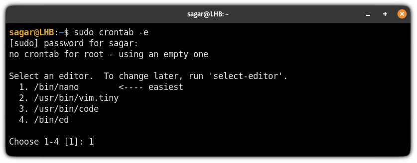 Choose editor for editing cron tables in linux