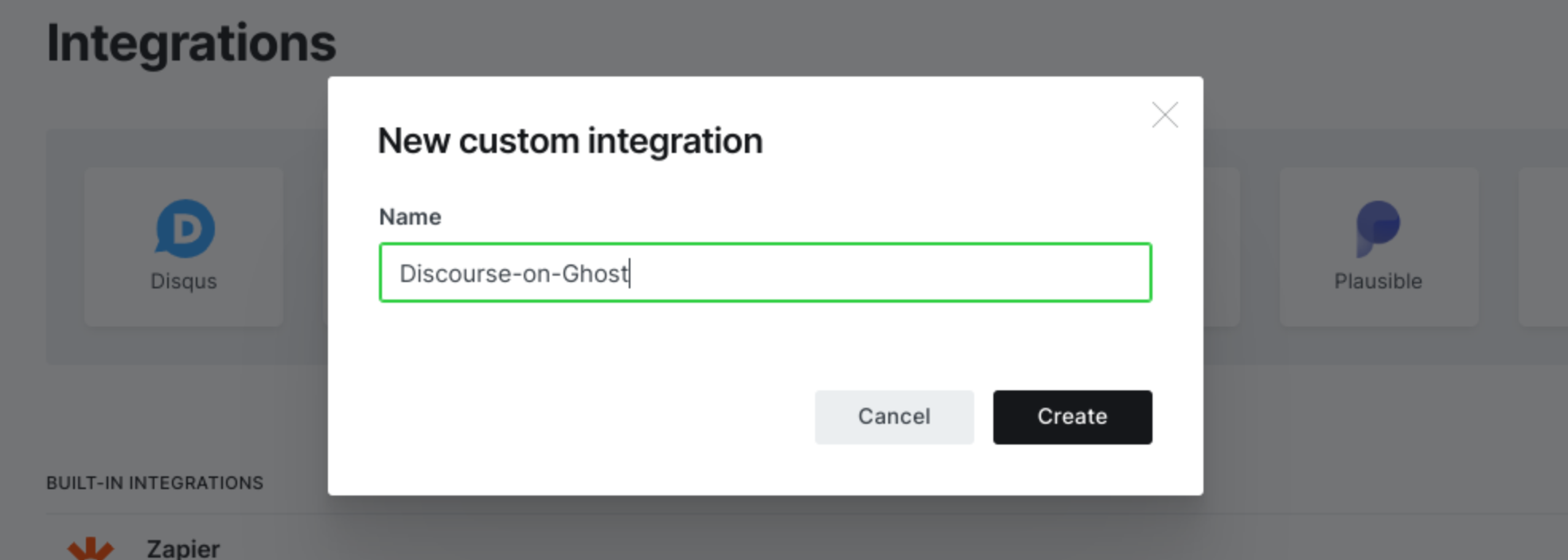 Creating a new integration in Ghost