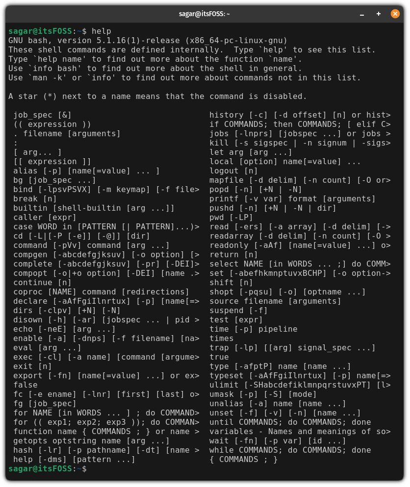 list bash builtin commands in Linux