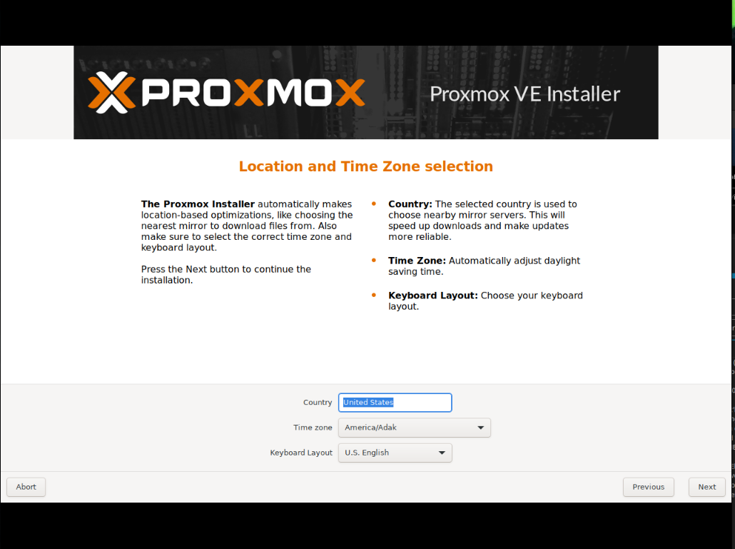 Keyboard selection in Proxmox