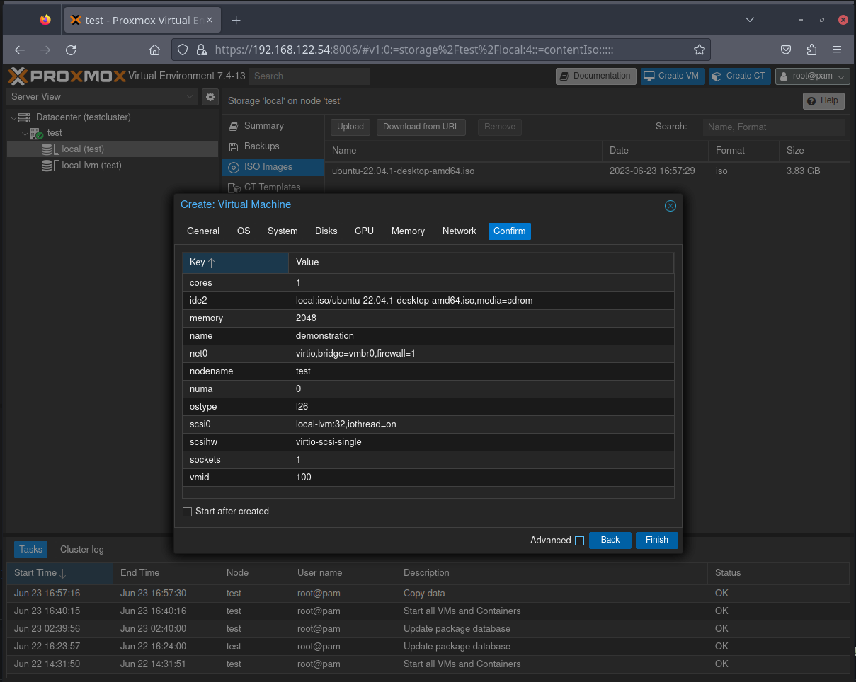 Confirm VM configuration in Proxmox