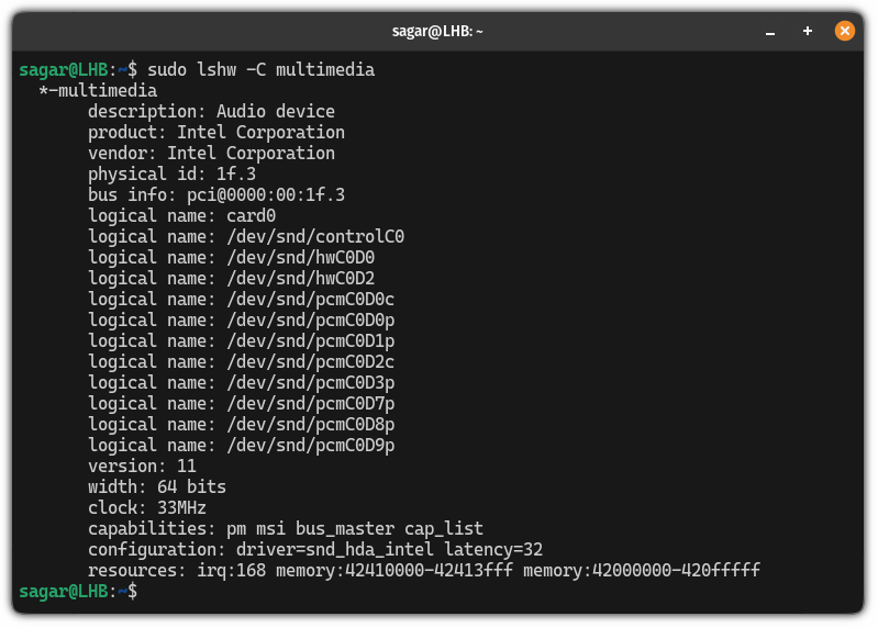get sound card info in Linux using the lshw command