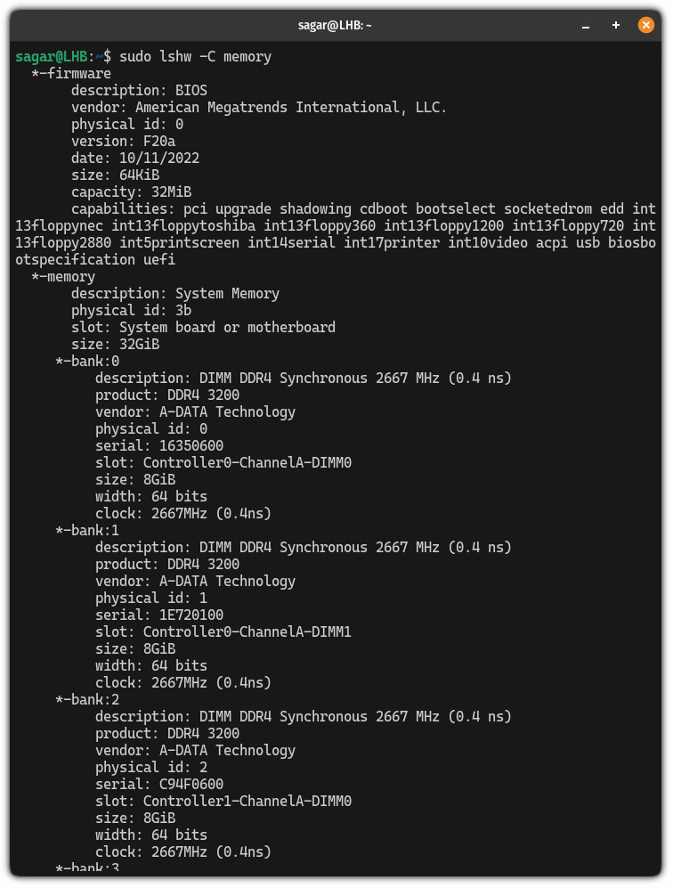 list the memory hardware details using the lshw command in Linux