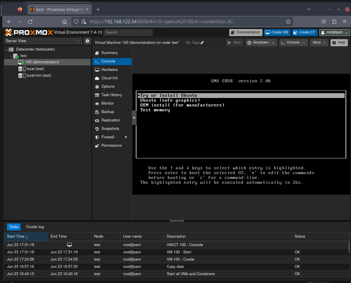 Console window running VM in Proxmox