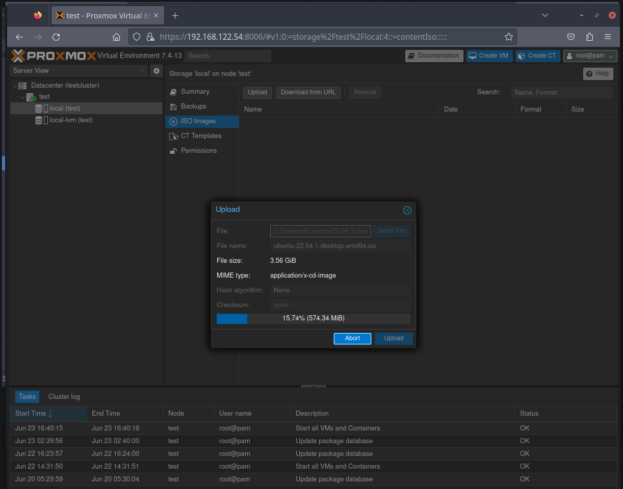 Uploading ISO to Proxmox in progress