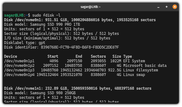 use fdisk command to list USB drives in Linux