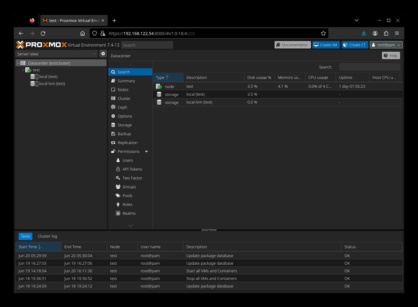 Proxmox dashboard