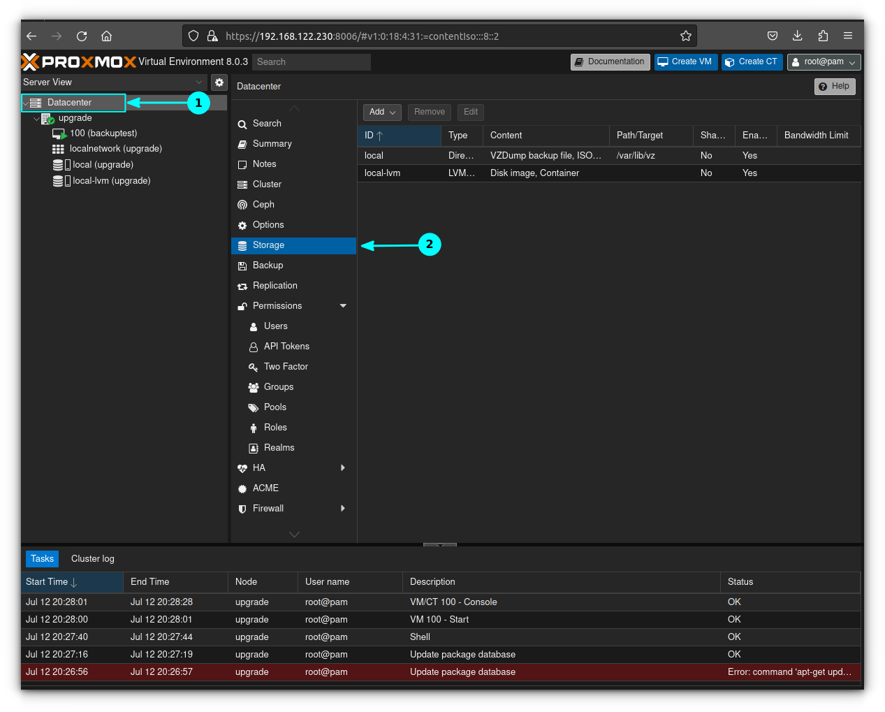 Go to the Storage section from the Datacenter Tab on the left sidebar of your Proxmox GUI