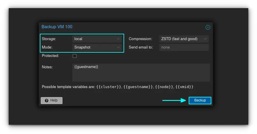 On the Backup VM box, set th storage and mode options. After that, click on "Backup" button on the bottom-right to start backup process