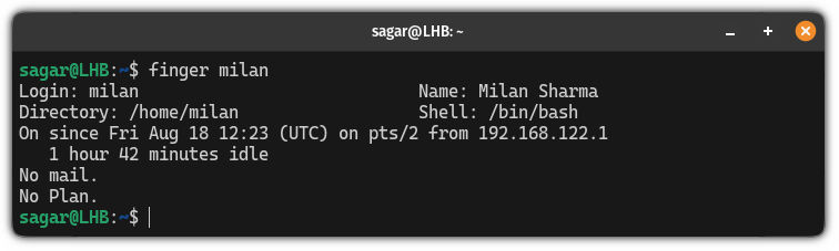 Use the finger command to get detialed info about the logged in user in Linux