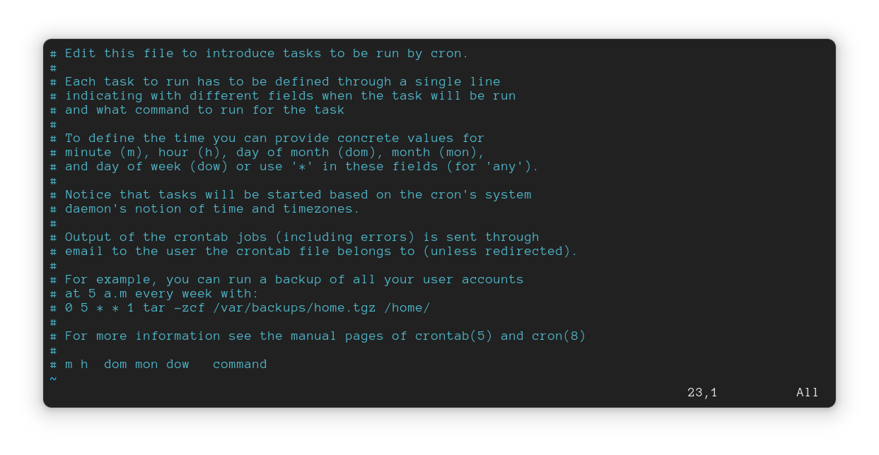 Example cron file (Ubuntu) which explains syntax