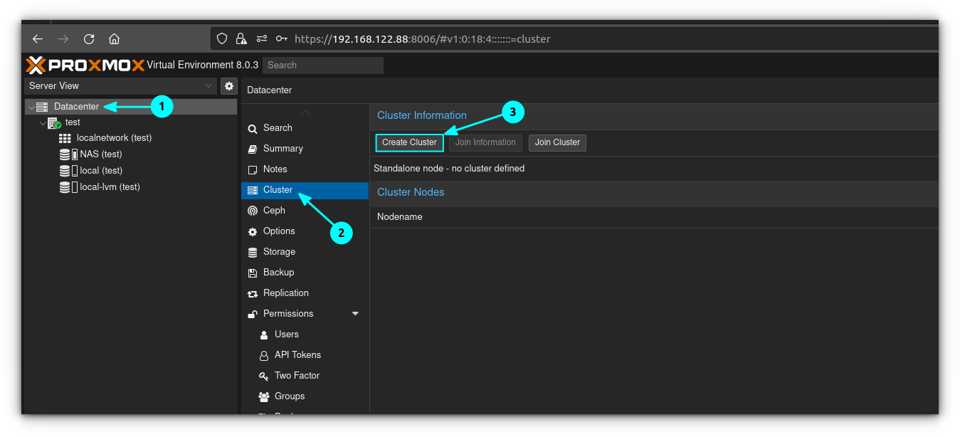 Click on the "Create Button" in "Cluster" tab inside Datacenter section to create a cluster in Proxmox