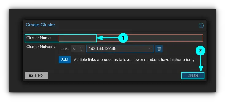 In the "Create Cluster" dialog box, give a name to the cluster you are creating and click on the create button