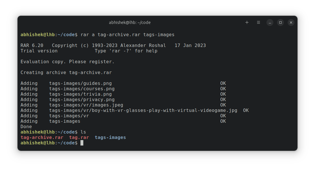 Creating rar file in Linux