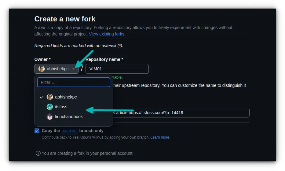 Forking repository to organization