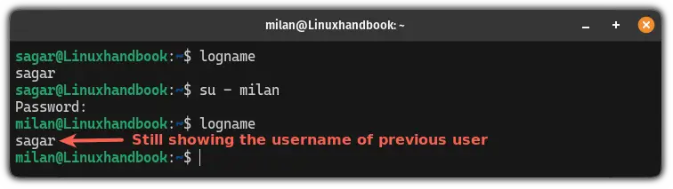 The logname command showing the username of previous user