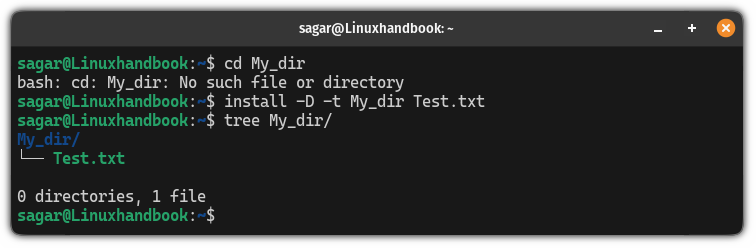 Copy files inside new directory using the install command in Linux