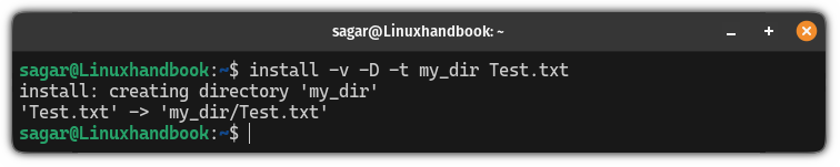 Create new directory to copy files using the install command in Linux