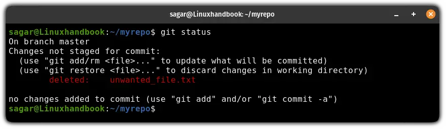 Check status of removed file from git commit