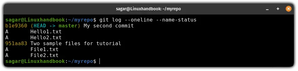 List files of all the commits in git using the git log command