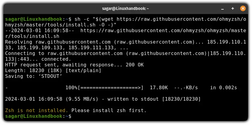 error installing oh my zsh in linux