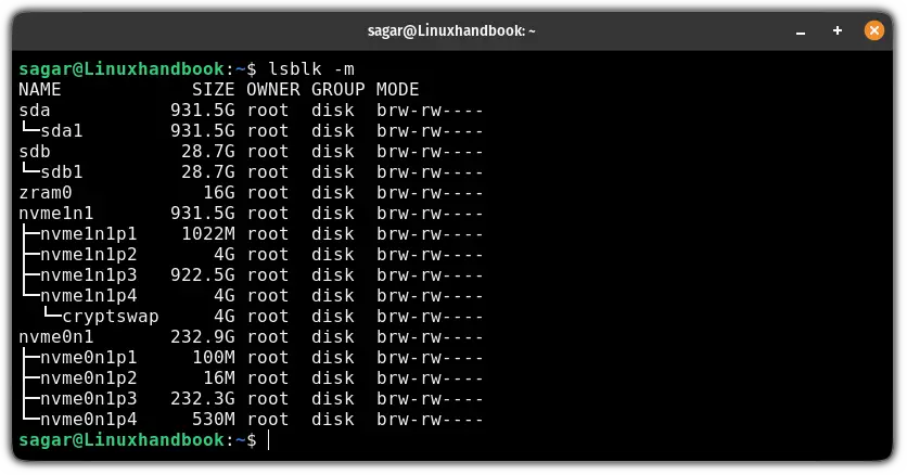 Get information of the device owner, group, and mode using the lsblk command