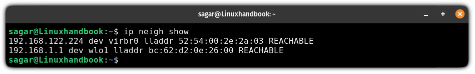 Show neighbor table using the ip command