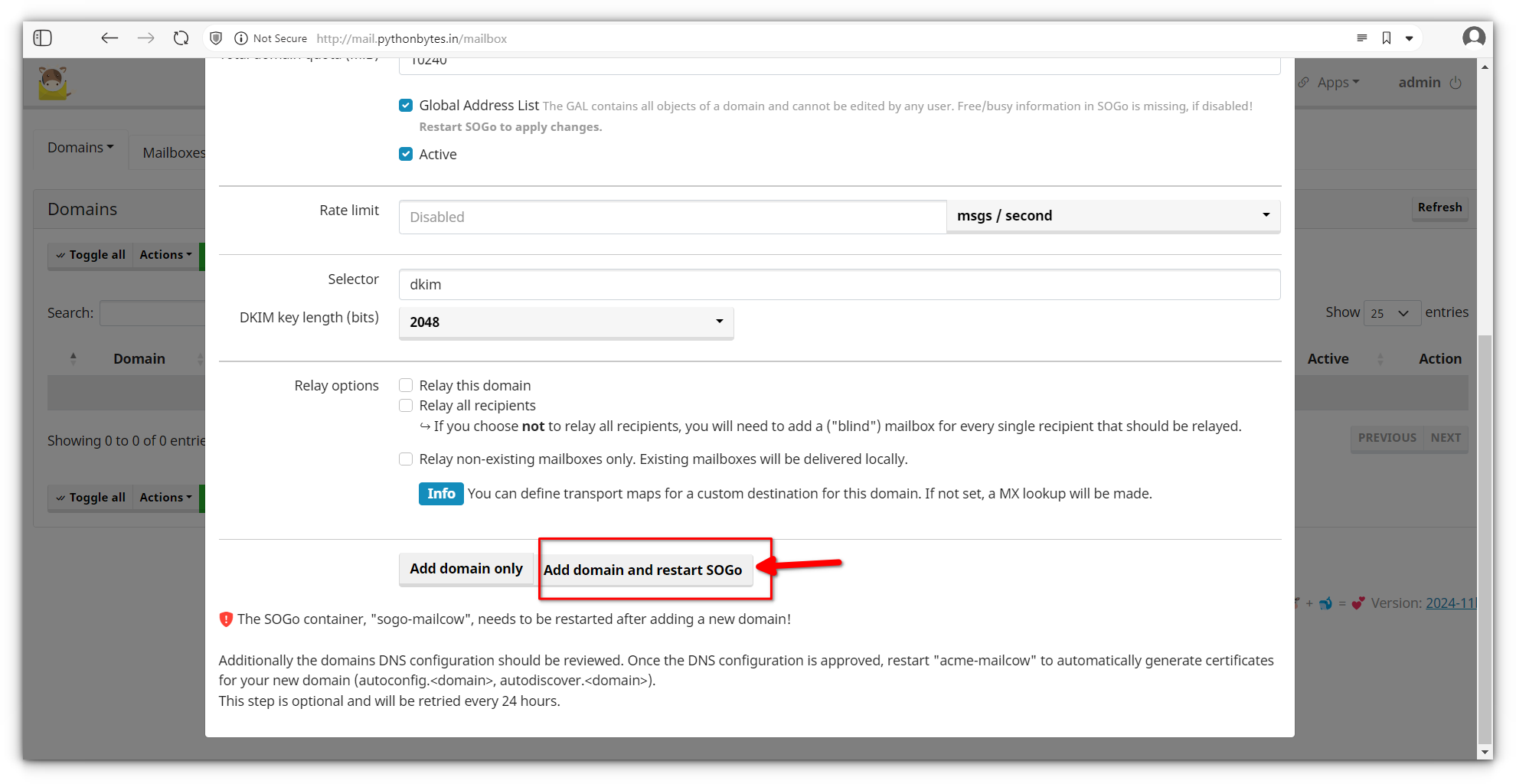 once done, press add domain and restart sogo button at the bottom