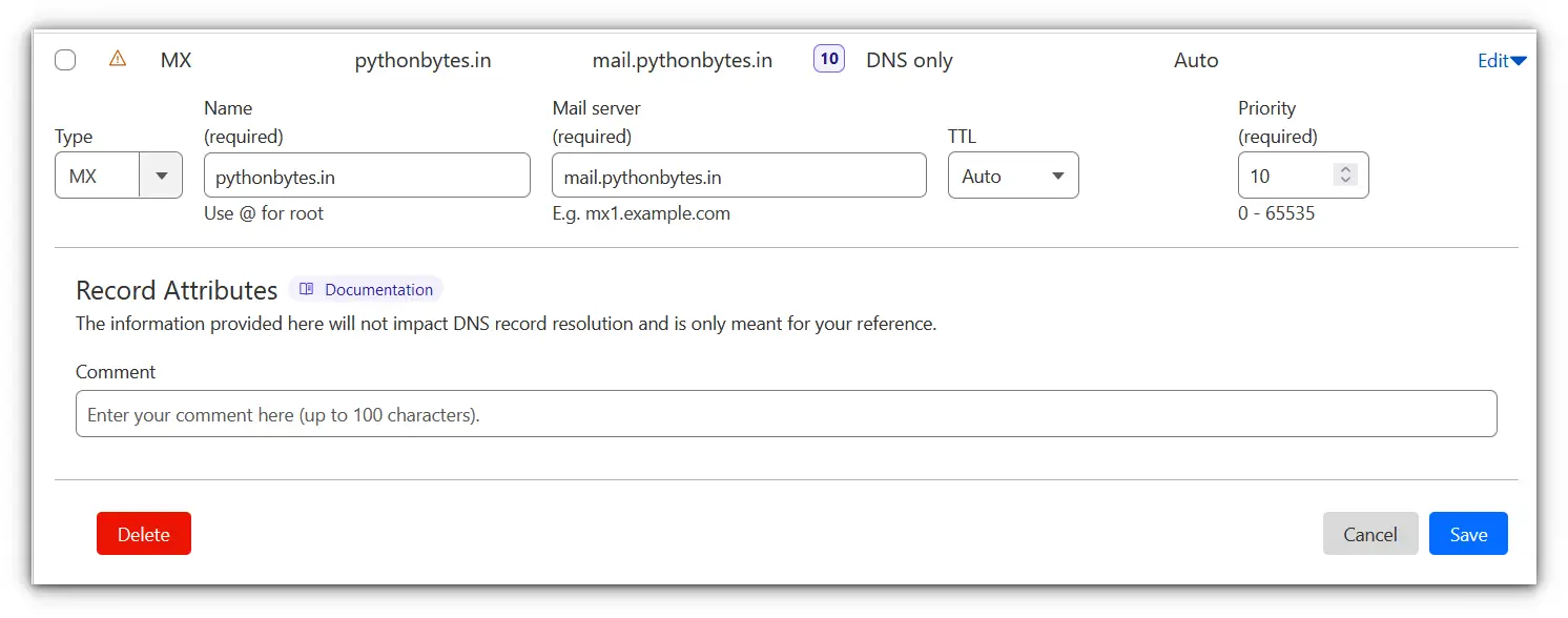 adding an MX record type to dns setting