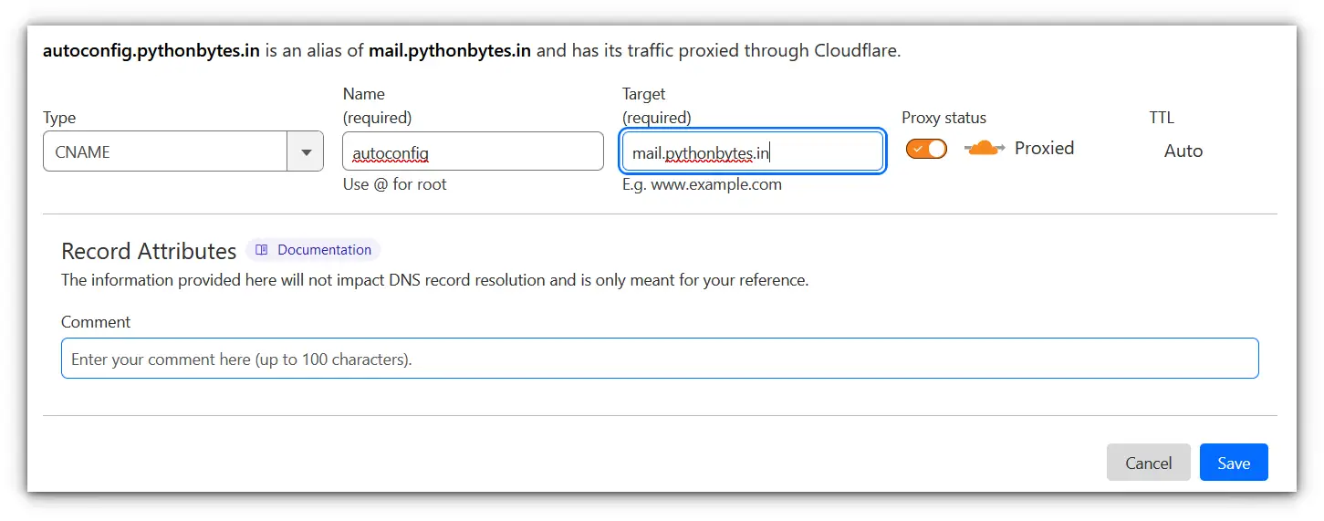 adding an CNAME record type with autoconfig to dns setting