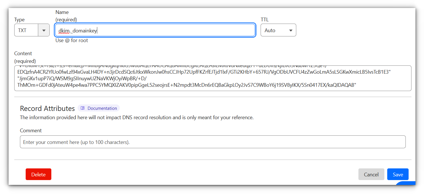 adding dkim key to the cloudflare dns settings