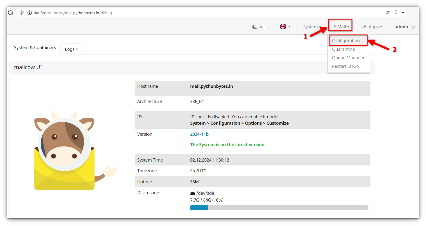 accessing the configuration page to add domain