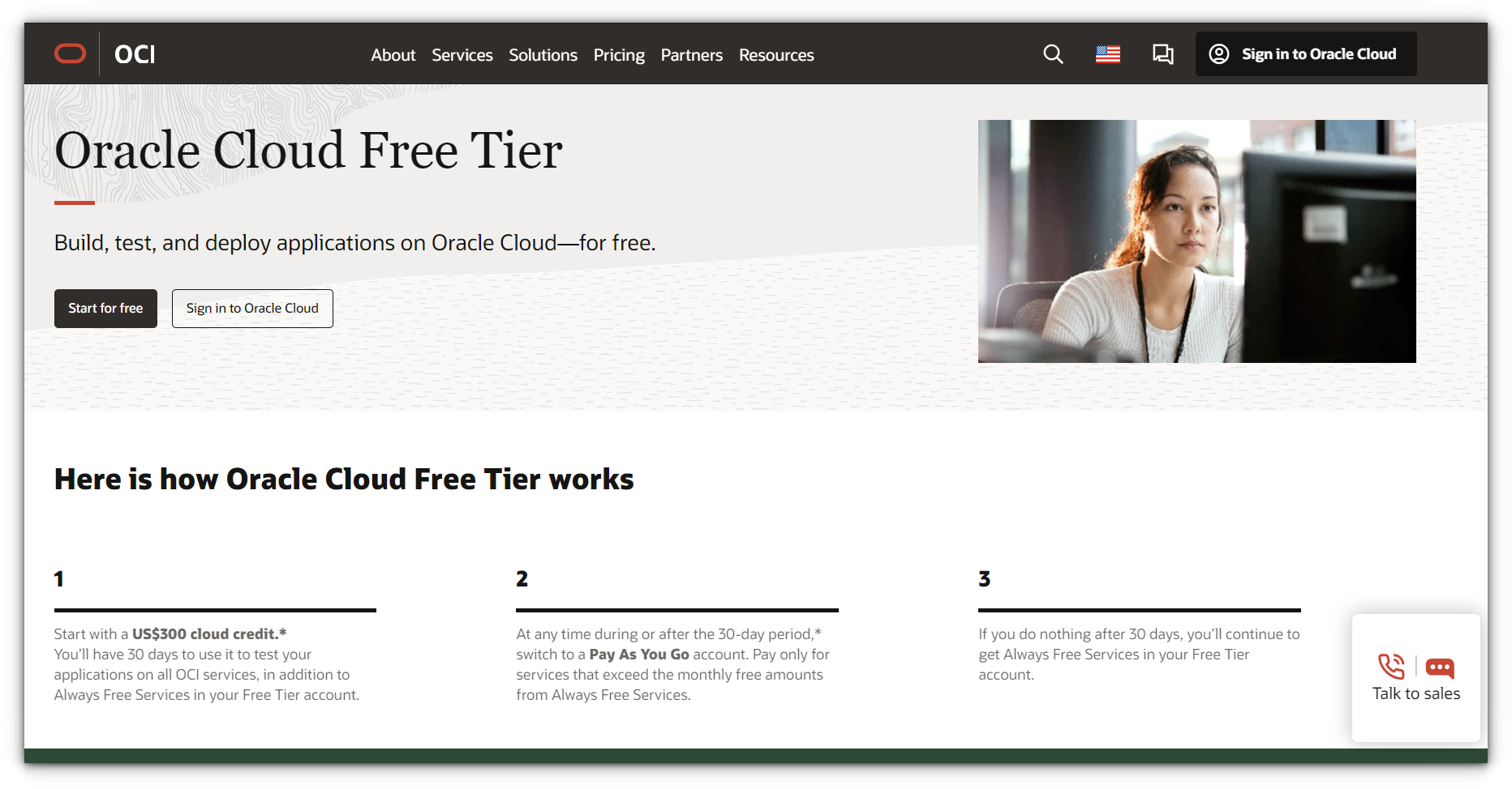 oracle cloud free tier homepage