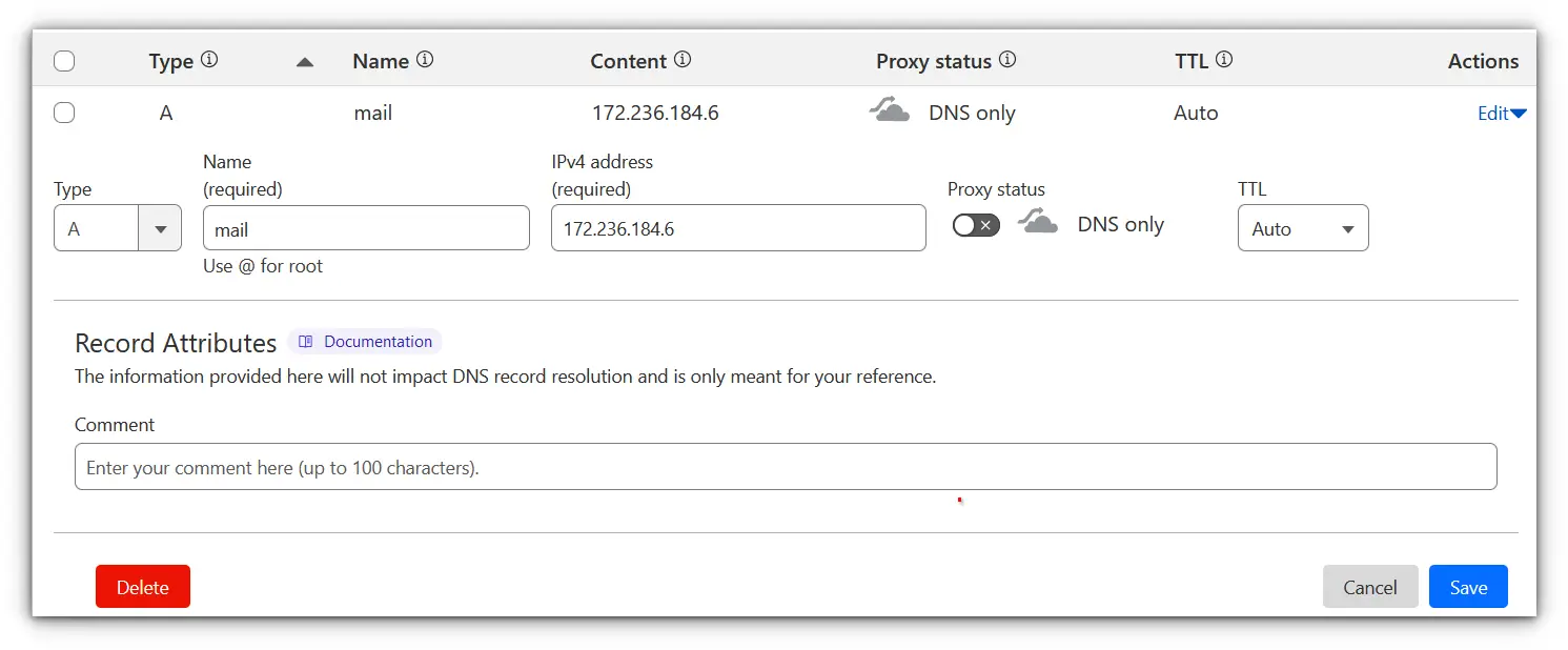 adding an A record type to dns setting