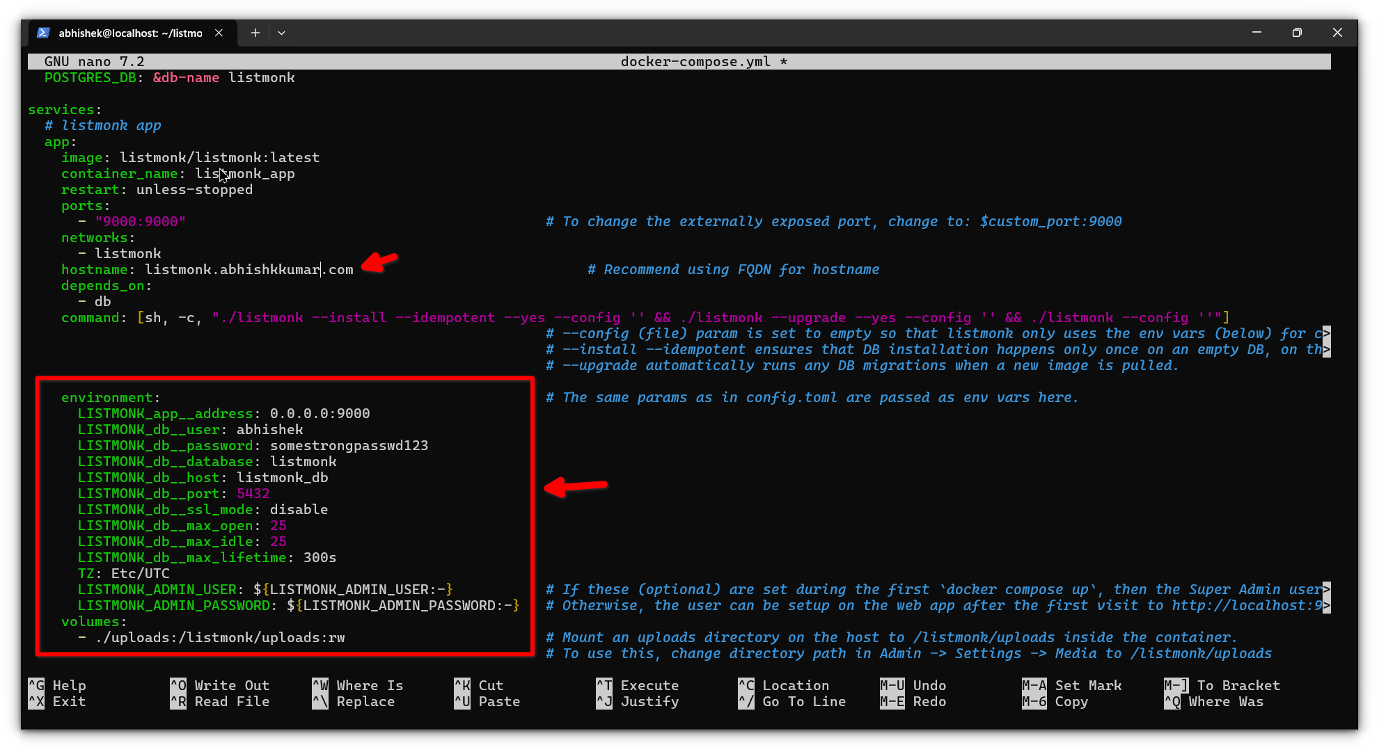 editing the environment variables in sample docker-compose.yml 