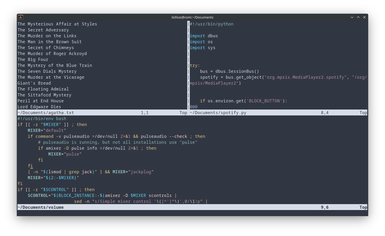 One Vim instances with three window splits.