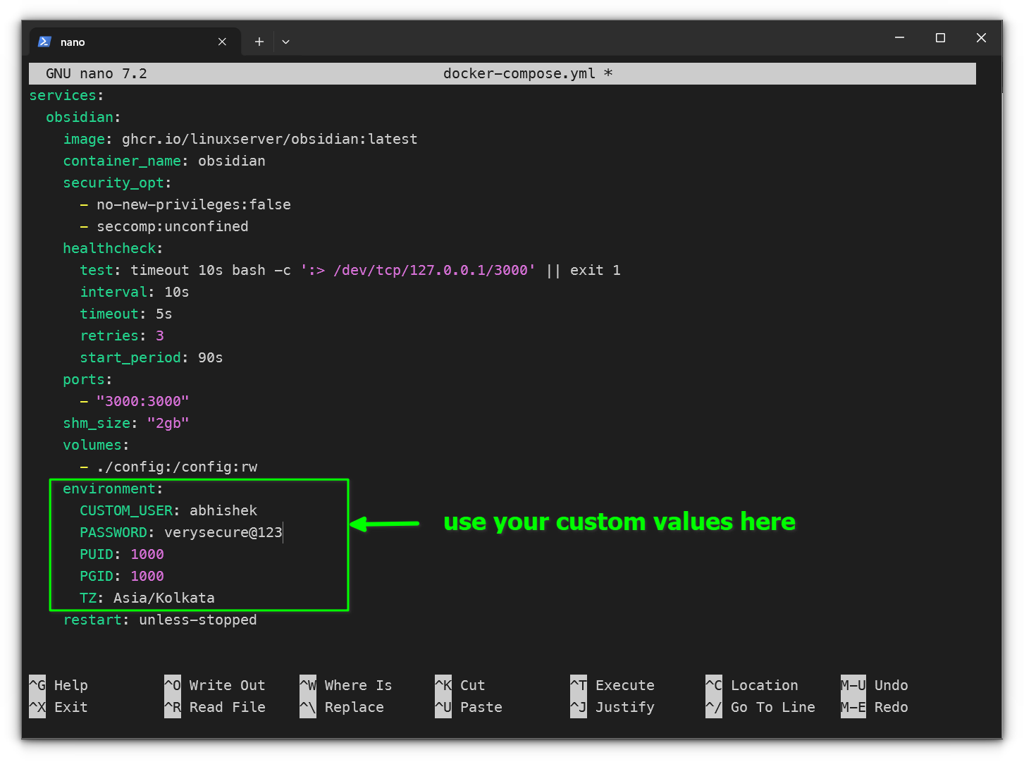 docker compose file for obsidian with custom environment variables