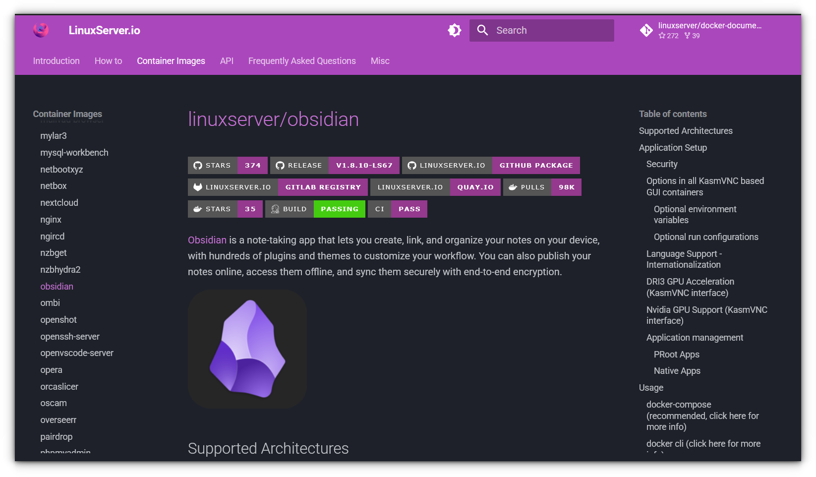 linuxserver.io obsidian webpage