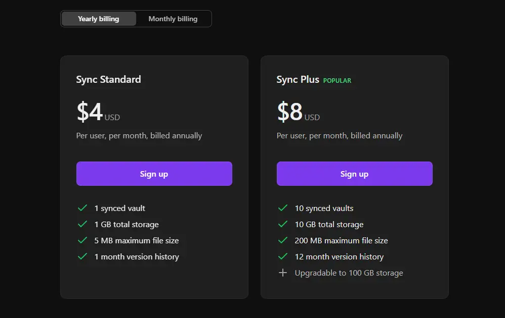 obsidian sync feature pricing on their website